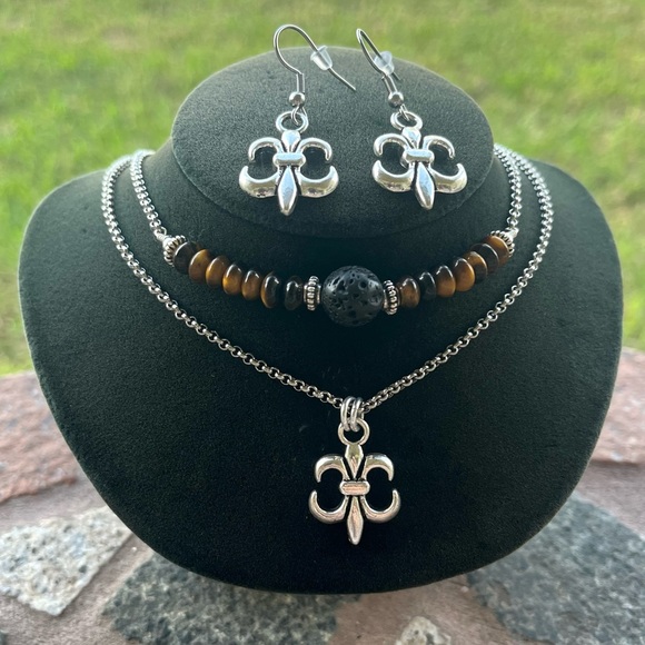 Set ! Fleur de lis / lys lily flower tiger eye necklace + earrings boho gems - Picture 15 of 16